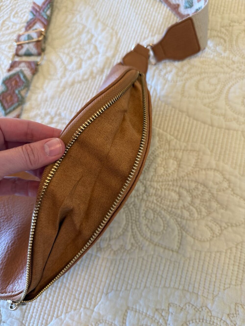 Tan vegan leather crescent crossbody bag with a patterned boho guitar strap - Picture 5 of 7